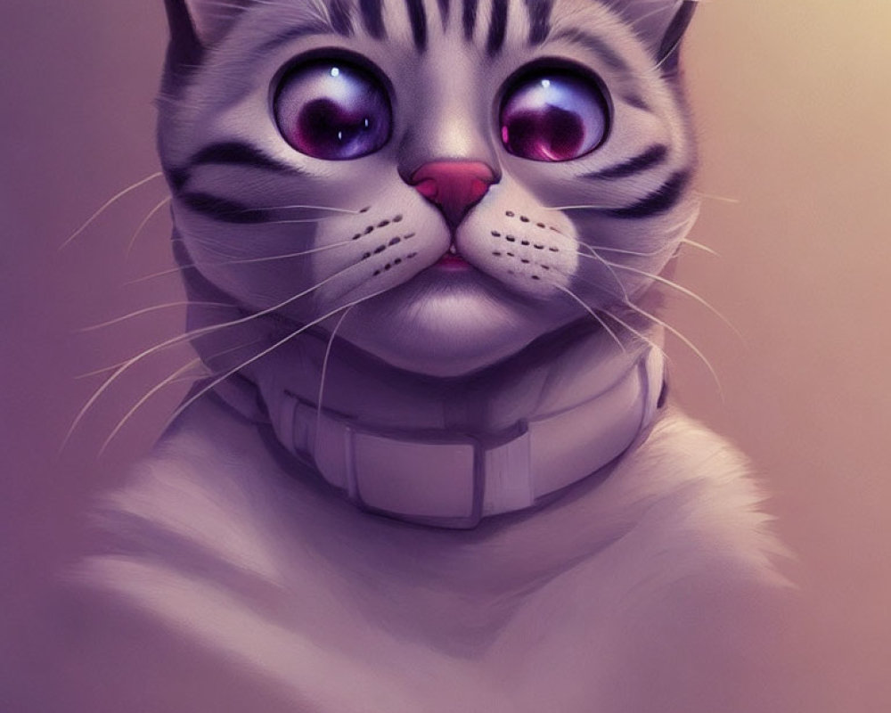 Whimsical cat illustration with large purple eyes on soft background