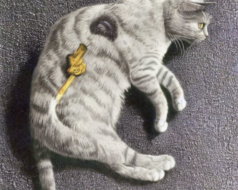 Realistic Gray and White Tabby Cat on Dark Surface