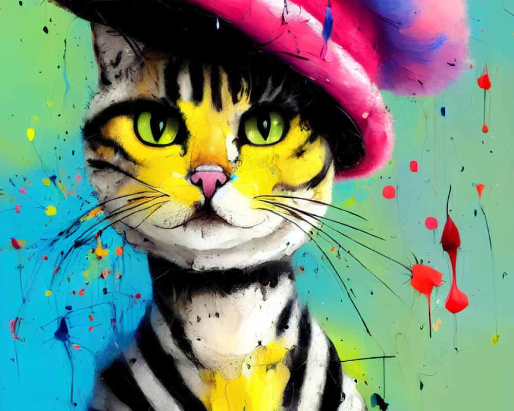 Stylized cat in beret against splattered paint background