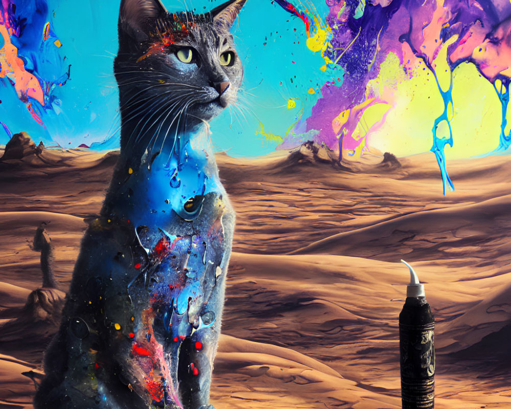 Gray Cat in Surreal Desert with Colorful Paint Splashes