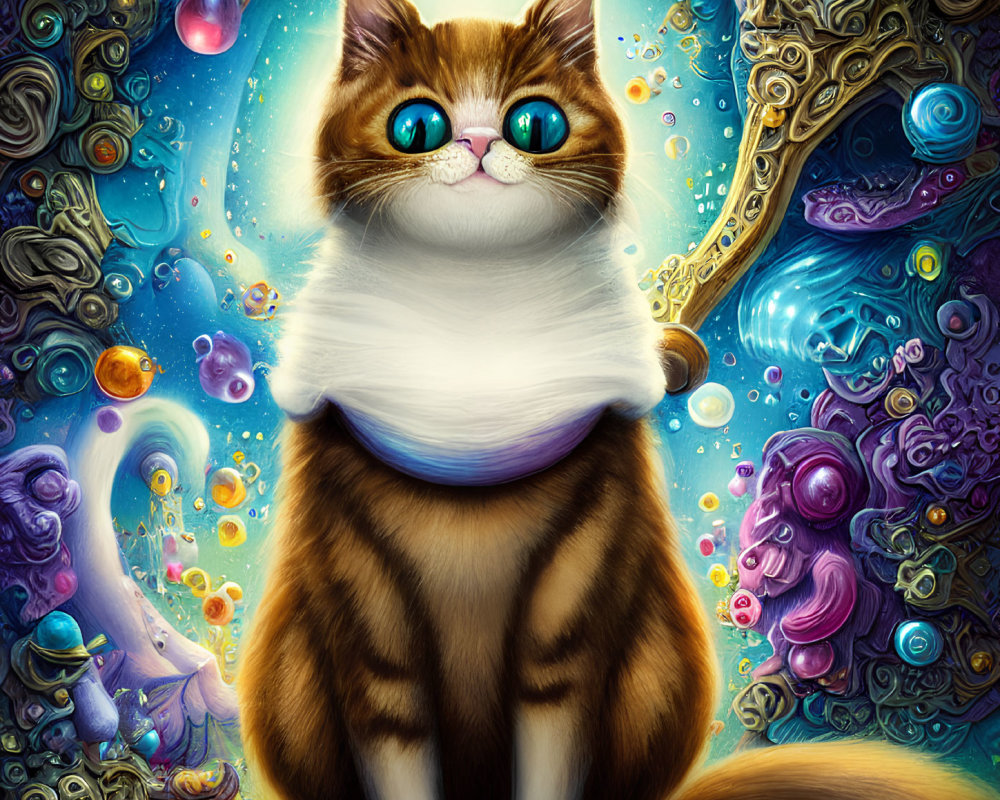 Whimsical brown and white cat illustration with expressive green eyes