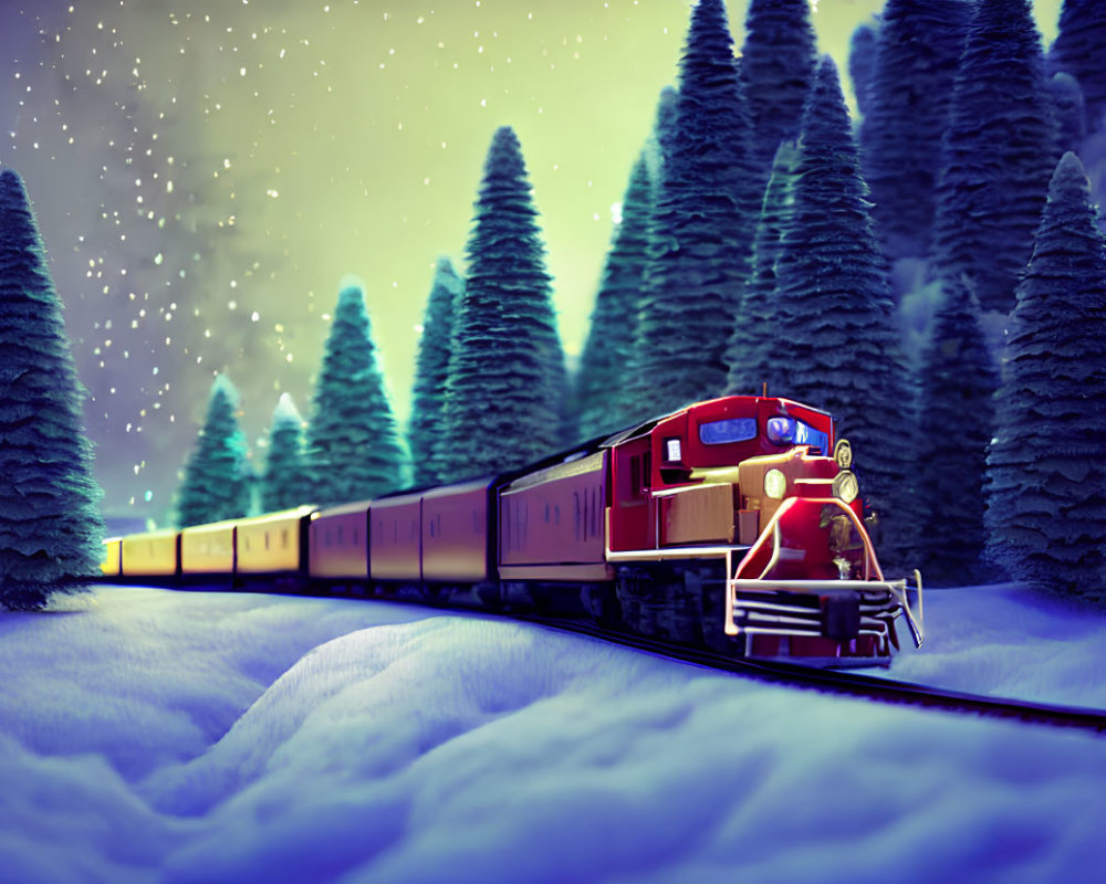 Vintage Train in Snowy Forest with Pine Trees