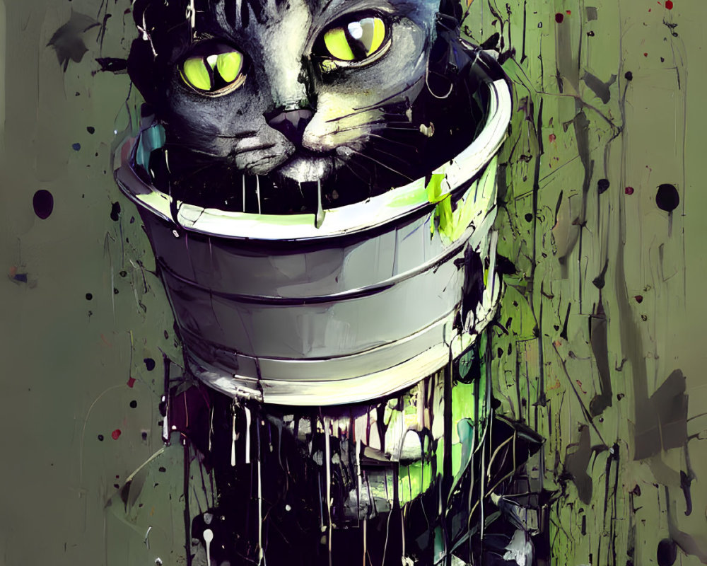 Colorful digital painting: Cat with green eyes in melting, layered structure