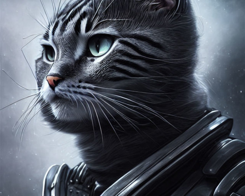 Futuristic Armored Cat in Cosmic Background