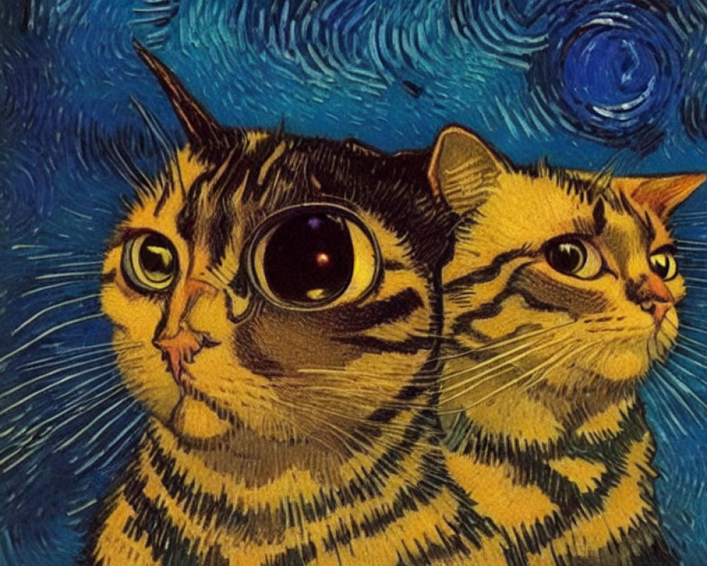 Whimsical Cats Illustration in Starry Night Setting