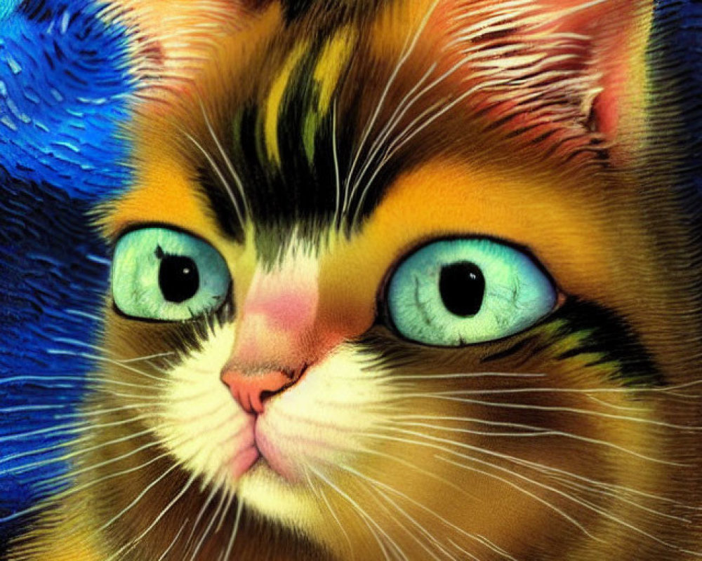 Whimsical Cat with Blue Eyes in Starry Night Sky