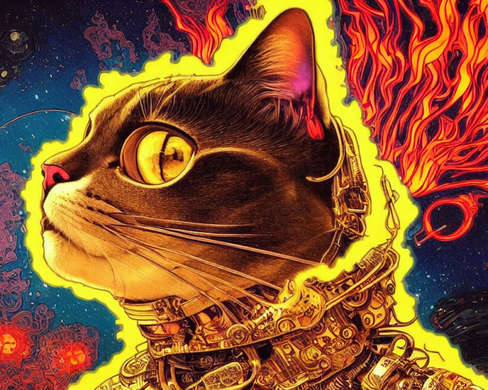 Colorful Cyborg Cat with Fiery Mane in Cosmic Setting