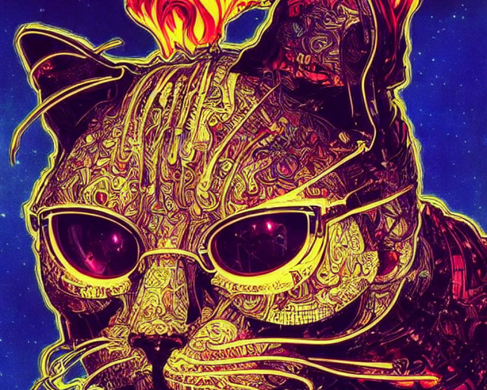 Stylized cat with sunglasses and cosmic background