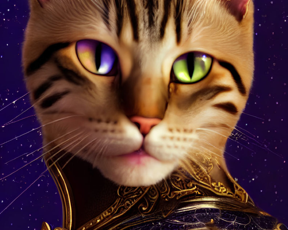 Whimsical Cat Artwork with Multicolored Eyes and Armor