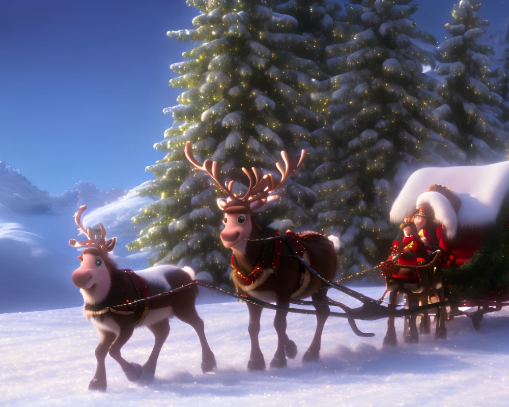 Reindeer Pulling Sleigh in a Festive Snowy Landscape