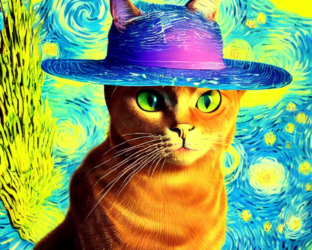 Whimsical Cat with Orange Fur Against Starry Night