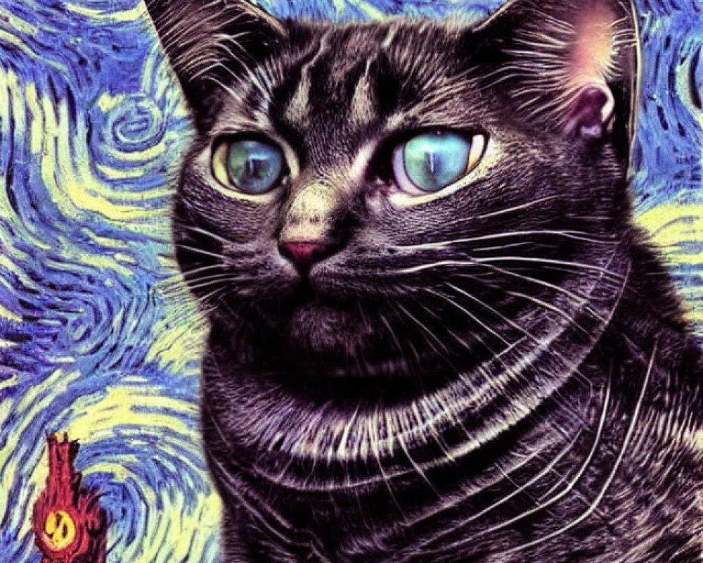 Stylized black cat with blue eyes in night sky scene