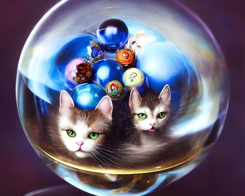 Whimsical Cats in Colorful Glass Orb Decor