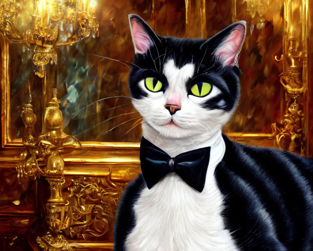 Black and white cat with bow tie in elegant room with chandelier and golden frames