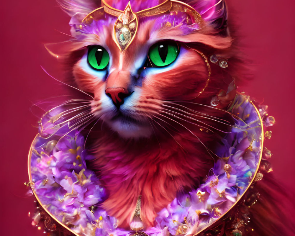 Majestic Cat with Jeweled Headdress and Floral Collar