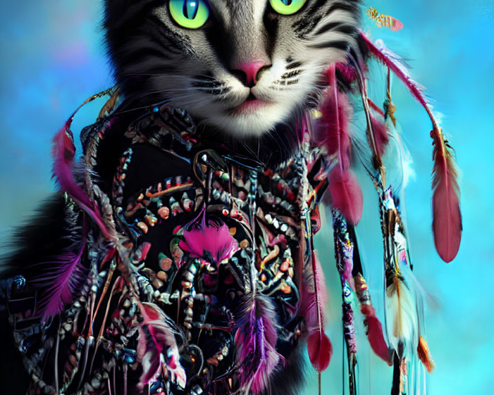 Colorful Native-American-inspired cat artwork with green eyes and feathers on blue background