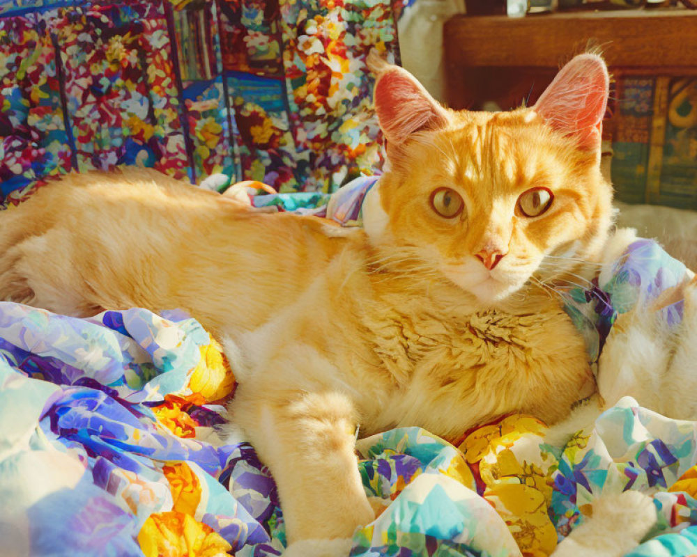 Fluffy Orange Cat on Floral Blanket in Sunlight