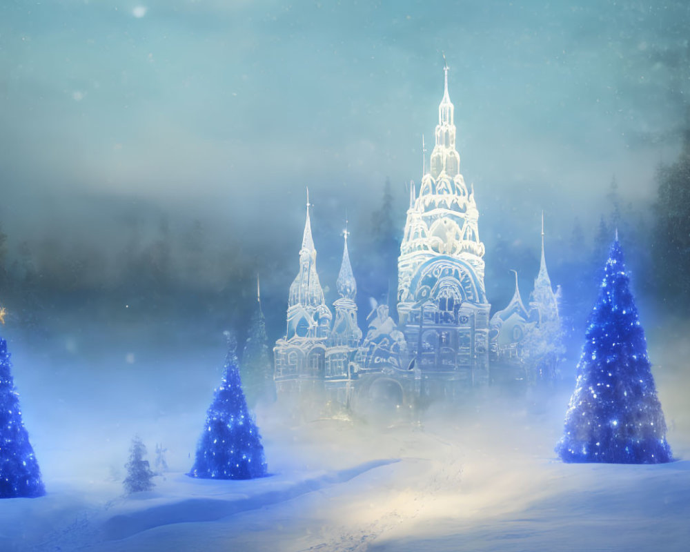 Mystical Winter Scene with Grand Icy Castle and Trees