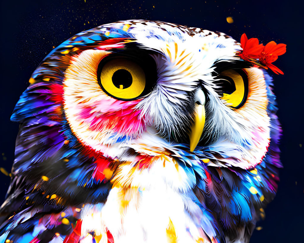 Colorful Owl with Bright Plumage and Whimsical Flower