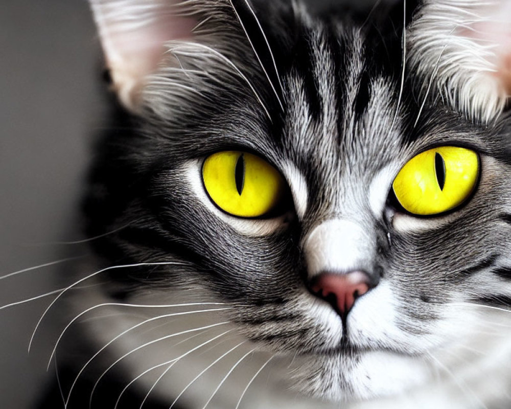 Close-up of a striking gray cat with black stripes