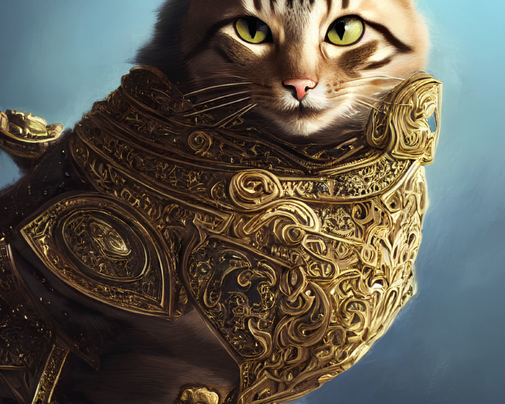 Majestic Cat in Intricate Golden Armor with Green Eyes