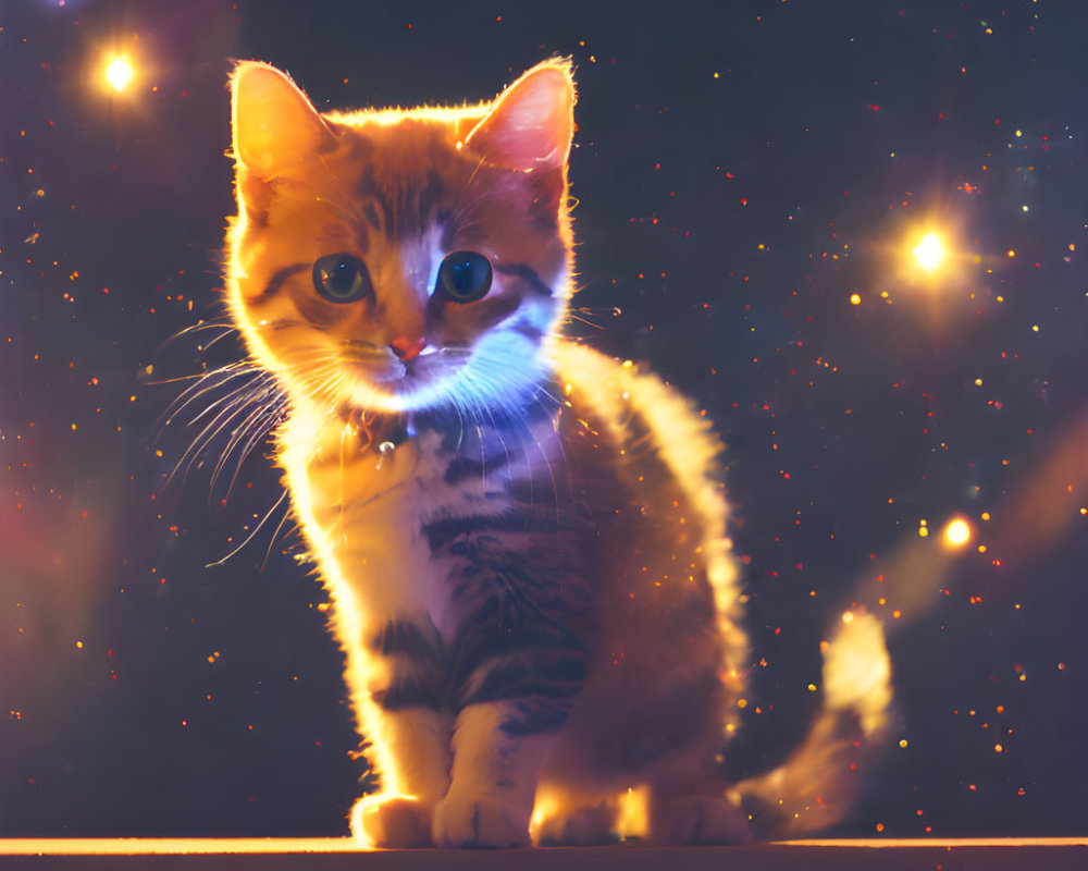 Orange and White Kitten in Magical Glowing Lights Background