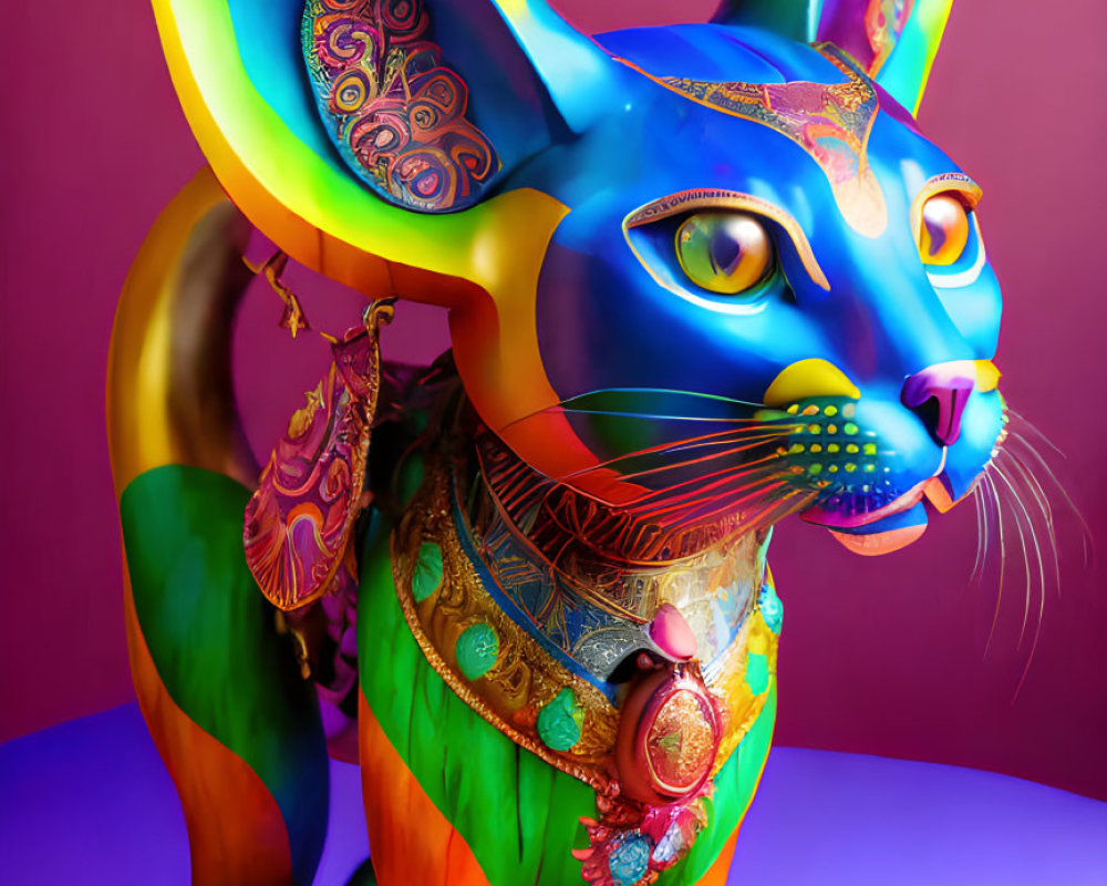 Colorful Cat Sculpture with Bold Hues and Patterns