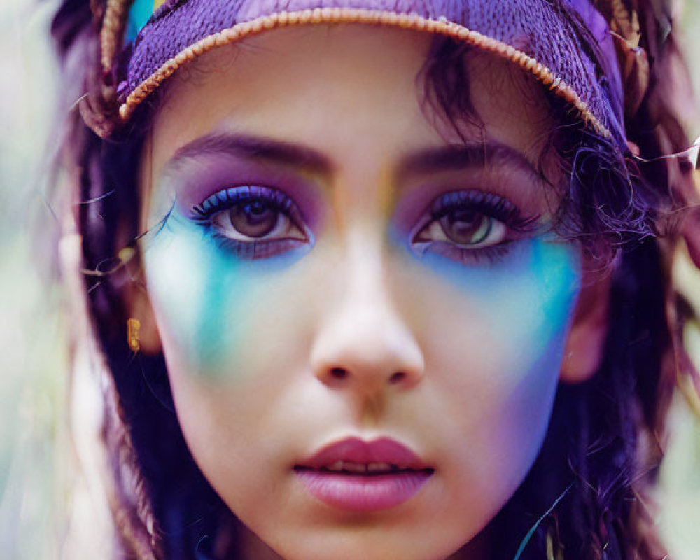 Portrait of a woman with colorful makeup and accessories