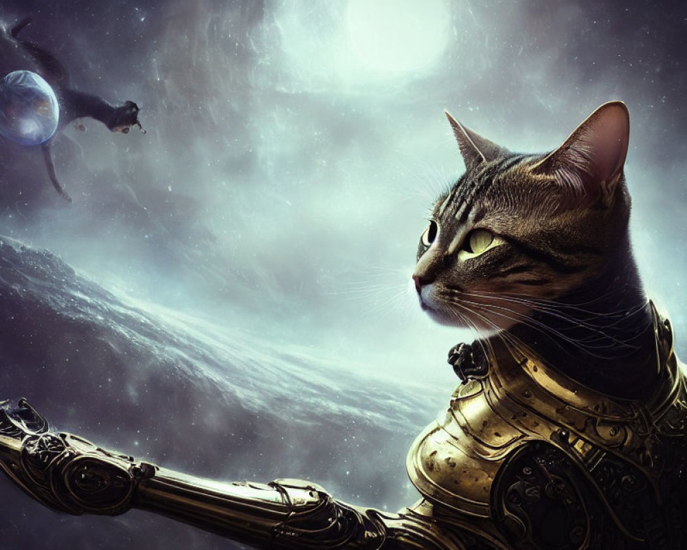 Futuristic Tabby Cat in Metallic Armor in Cosmic Scene