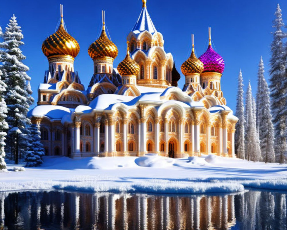 Snowy Castle with Colorful Onion Domes and Lake