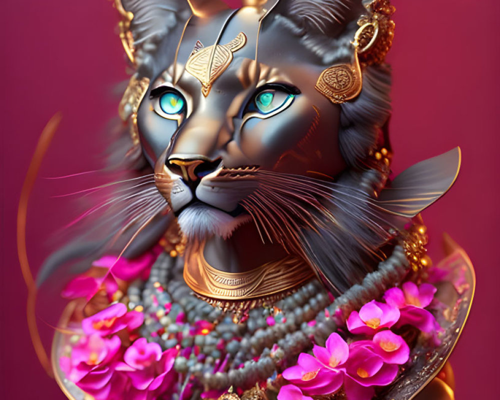 Majestic Feline Figure with Jewelry and Floral Necklaces