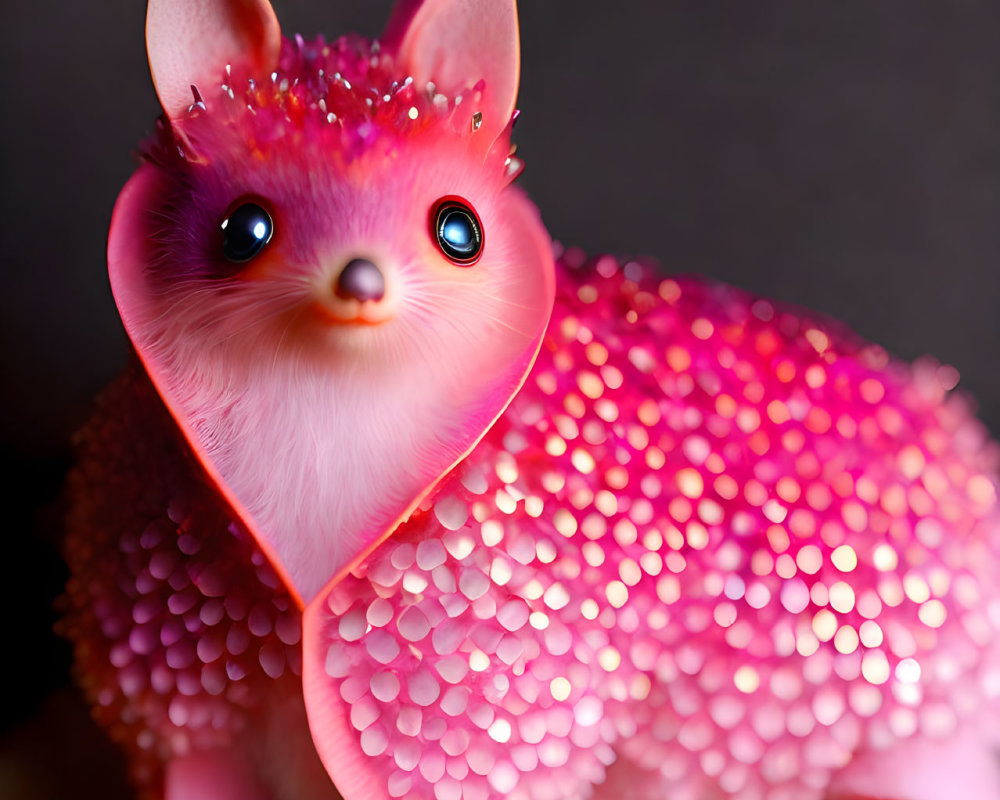 Pink creature with blue eyes and shiny scales: A whimsical fantasy hedgehog.