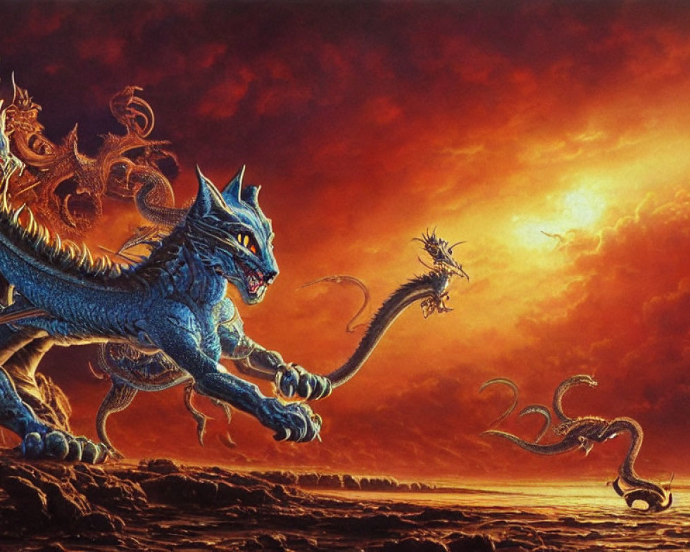 Multi-Headed Dragons in Fiery Sunset Scene