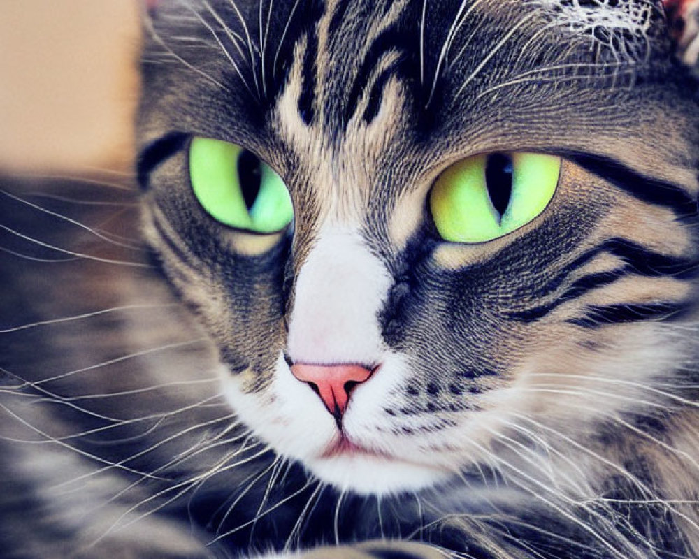 Close-up of a gray tabby cat with green eyes