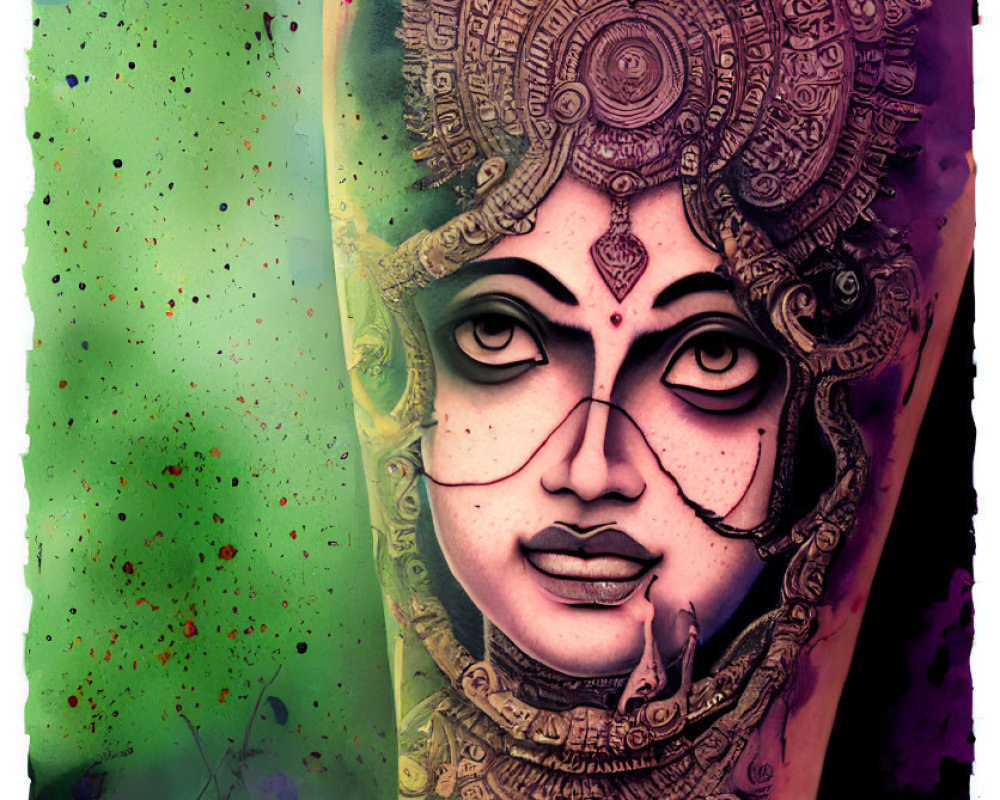 Detailed Forearm Tattoo of a Goddess with Vibrant Colors