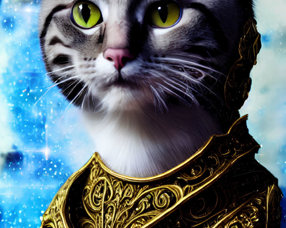 Digital Artwork: Cat with Green Eyes in Golden Armor on Cosmic Background