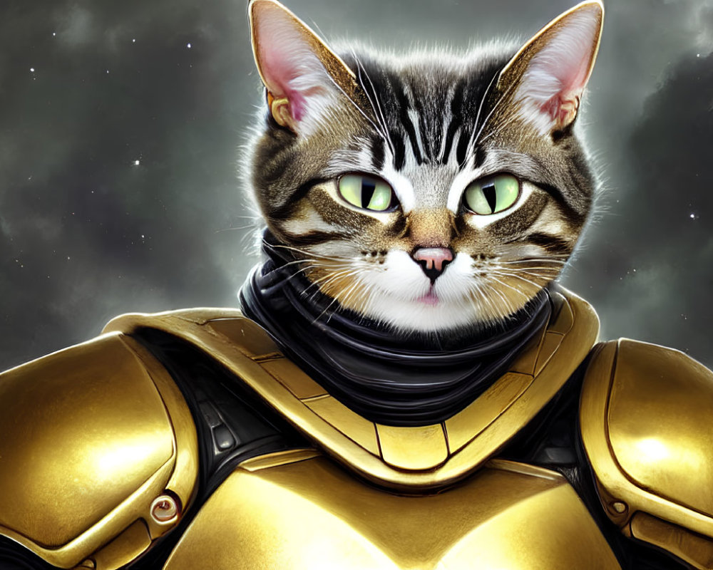 Cat in Golden Armor Against Cosmic Backdrop