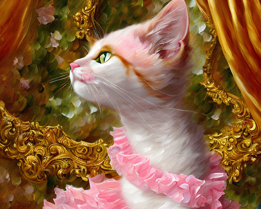 White and ginger cat with pink collar in front of ornate mirror