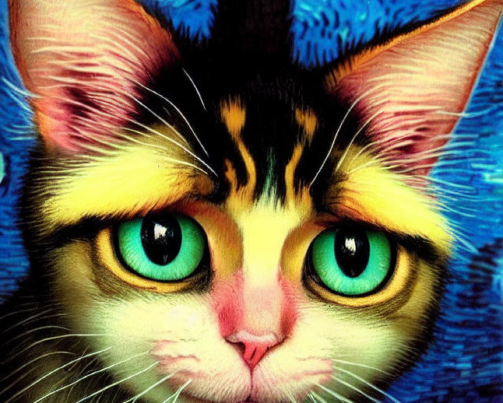 Vibrant Cat Portrait with Teal Eyes and Artistic Background