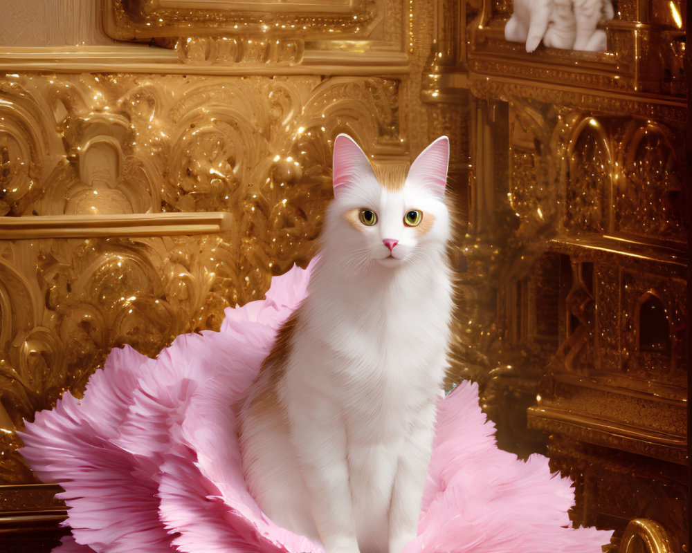 White Cat with Orange Spots on Pink Ruffled Cushion