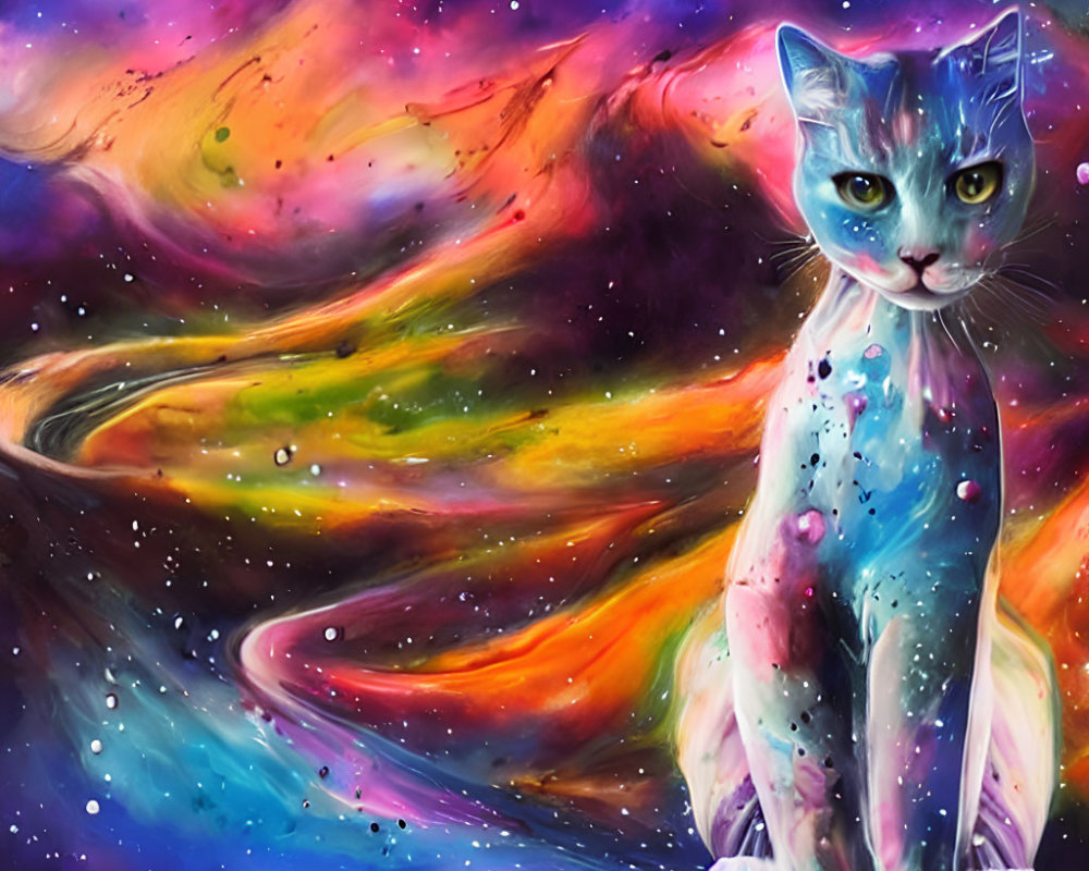 Colorful Cosmic Cat Painting with Nebula Pattern on Starry Background