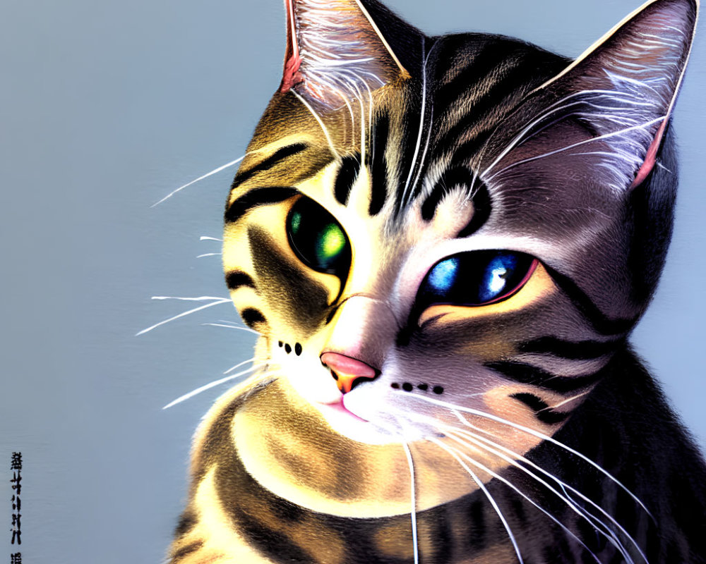 Vivid Illustration of a Striped Cat with Unique Eyes