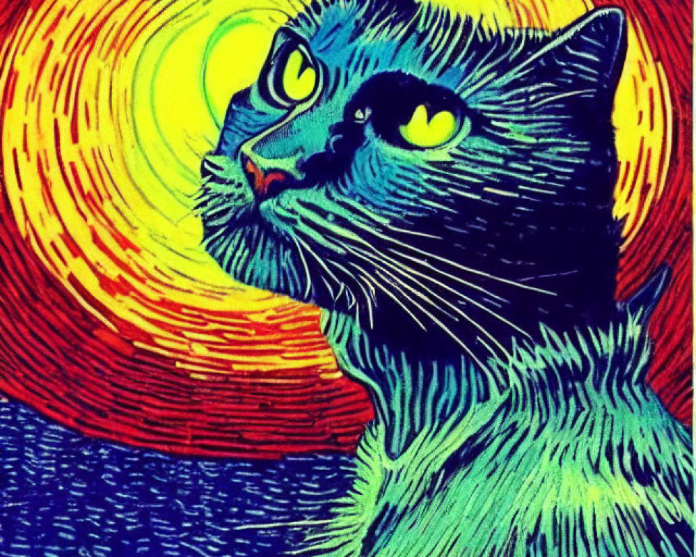 Vibrant Cat Artwork with Yellow Eyes and Bright Background