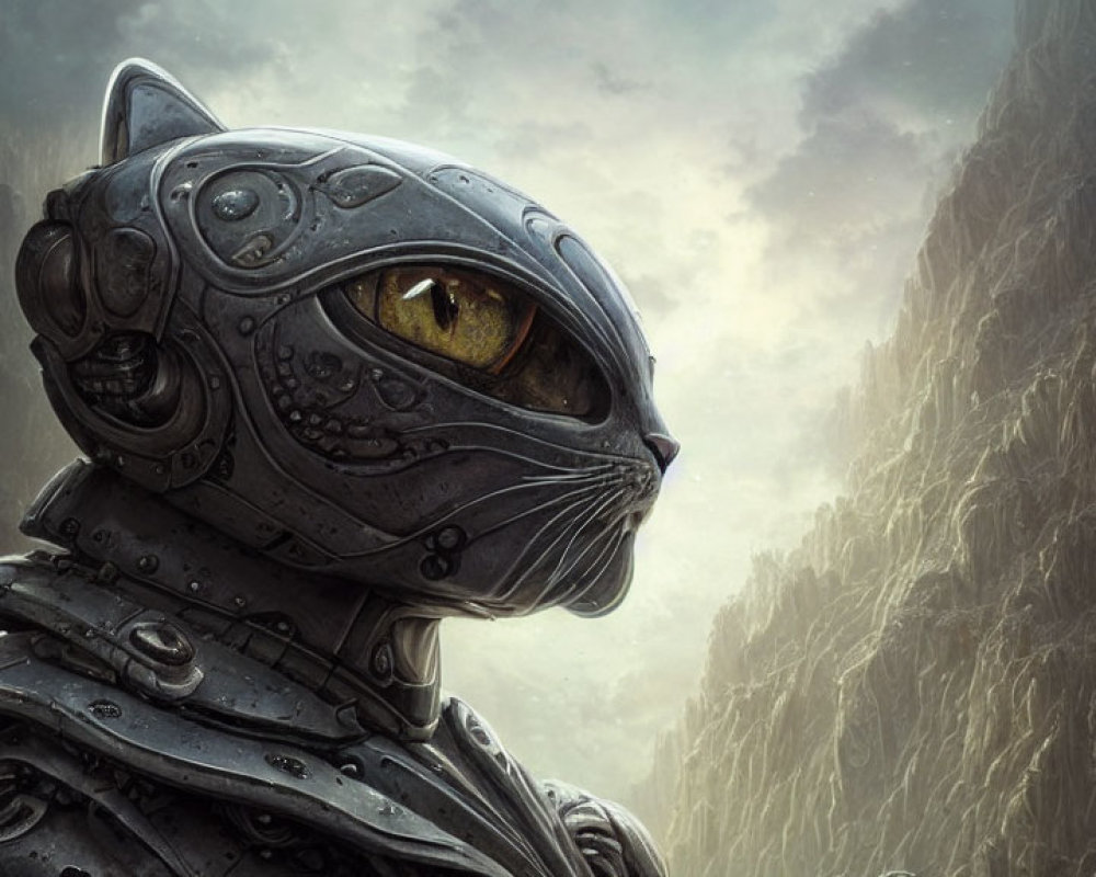 Futuristic robotic cat in a dramatic landscape setting