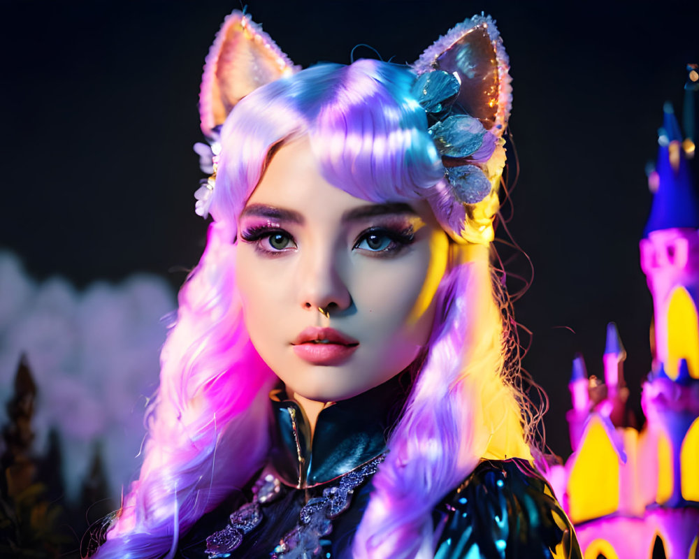 Person with Pastel-Colored Hair and Cat Ears in Fantasy Setting