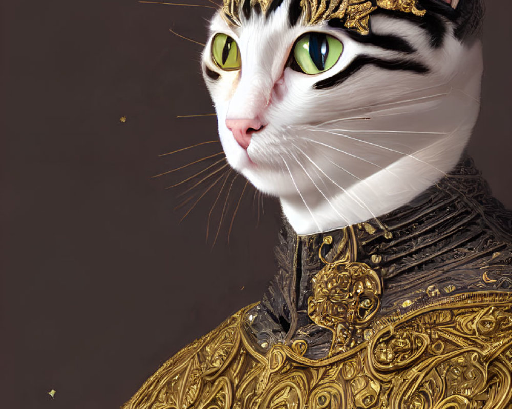 Regal Cat in Ornate Golden Armor with Majestic Headpiece