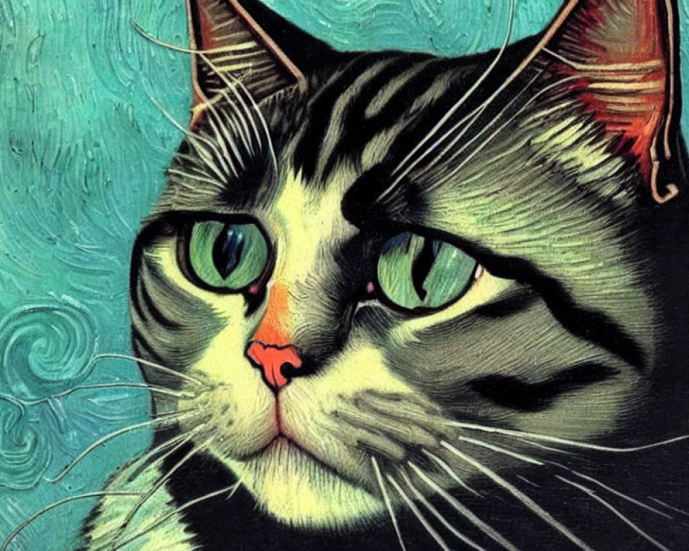 Portrait of a Tabby Cat with Green Eyes and Blue Background