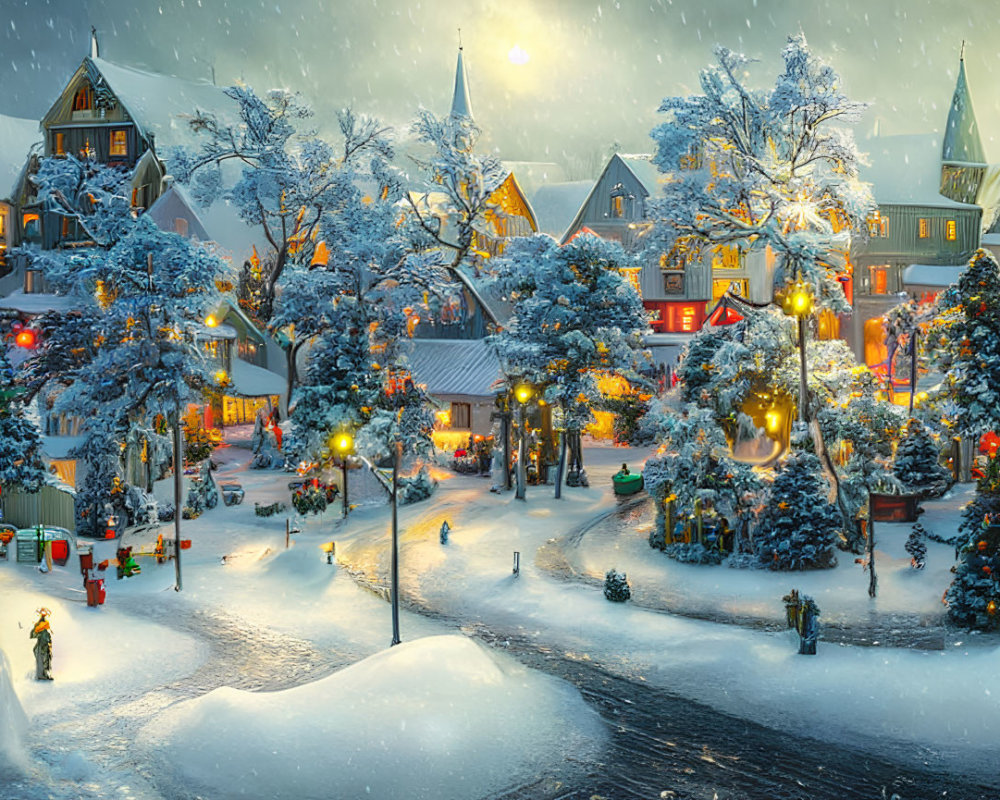 Winter Village Scene with Snow and Festive Decor