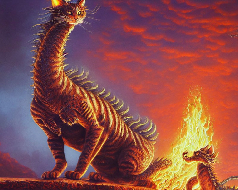 Fantastical Scene with Cat-Like Creature and Dragon