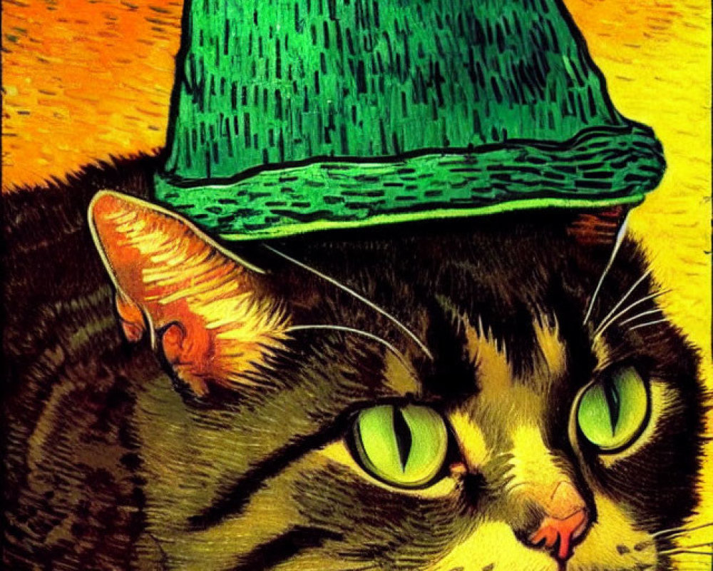 Whimsical Cat Illustration with Green Hat and Colors